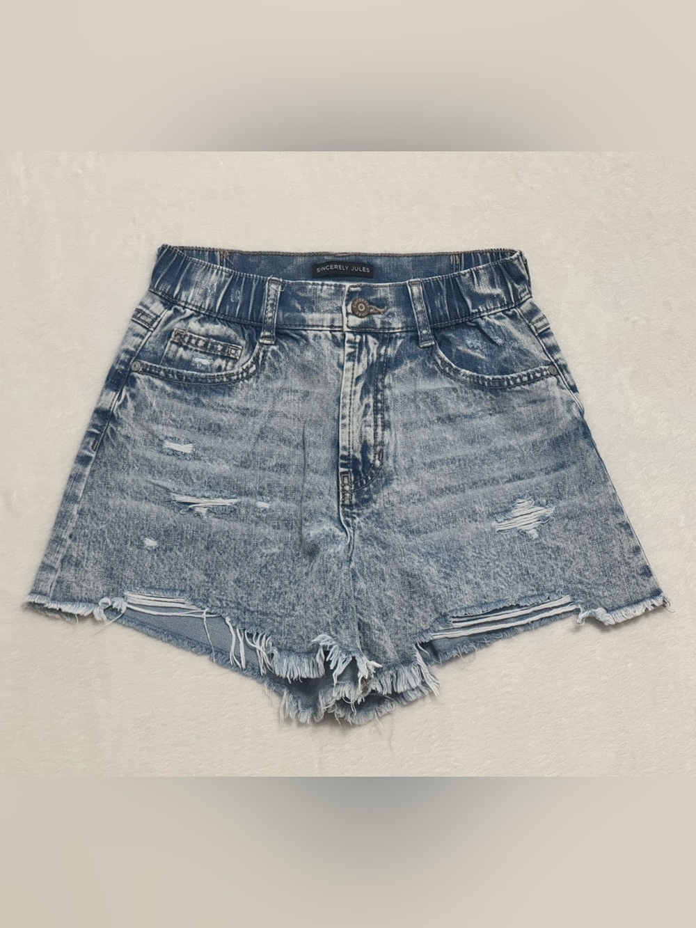 Sincerly Jules Washed Blue Distressed Denim Cutoff Shorts